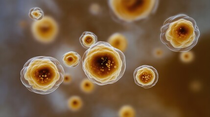 Microscopic view of brown and yellow cells floating in fluid environment