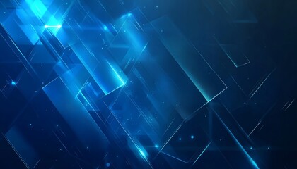Fototapeta premium The illustration features overlapping rectangular and triangular shapes in varying shades of blue, with bright glowing lines and highlights giving a sense of depth and movement.