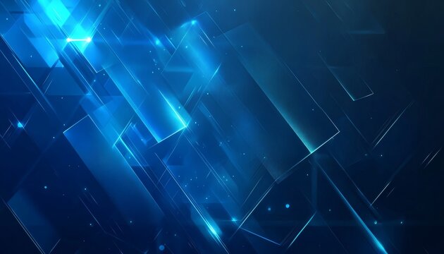 The illustration features overlapping rectangular and triangular shapes in varying shades of blue, with bright glowing lines and highlights giving a sense of depth and movement.