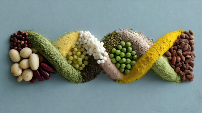 Colorful food helix, personalized nutrition science, legumes grains seeds nuts peas herbs spirulina