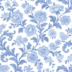 Toile de jouy vector seamless vintage pattern blue color palette