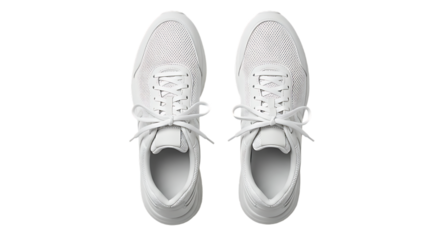 A top down view of two identical white sneakers with white laces against a black background plain style on transparent background