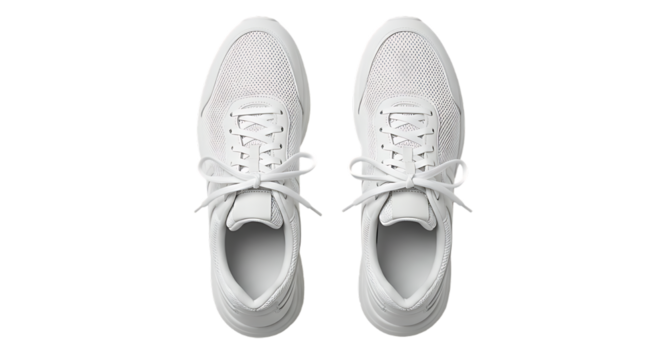 A top down view of two identical white sneakers with white laces against a black background plain style on transparent background