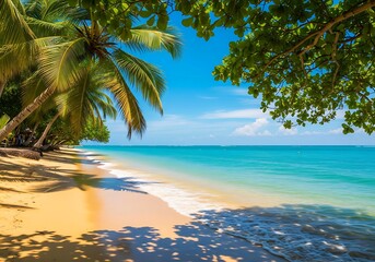 Escape to paradise beach with crystal blue water and palm tree