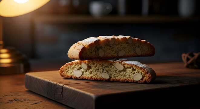 Artistic Stacked Biscotti Slices On A Wooden Cutting Board With Ambiance Lighting