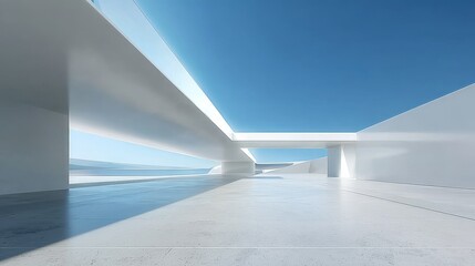 Obraz premium Modern minimalist architectural structure with clean white surfaces and expansive blue sky