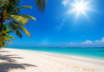 Naklejka premium Escape to paradise beach with crystal blue water and palm tree