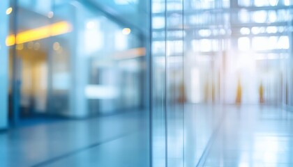 The illustration shows an out of focus view of a contemporary building's interior space, featuring glass walls and bright, ambient lighting.