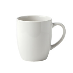 A simple white ceramic mug with a curved handle isolated against a black background in a studio shot on transparent background