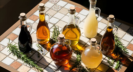 Assortment Of Luxurious Oils And Vinegars Are Presented Beautifully In Glassware Bottles