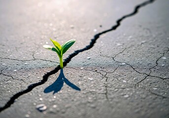 Sprout emerging from concrete crack symbolizes resilience and growth now