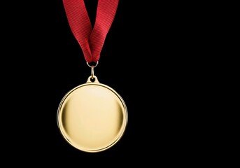 Golden medal on red ribbon symbolizing victory and achievement concept