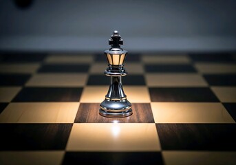 Elegant chess king piece standing strong on wooden checkered board game