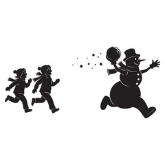 Funny Snowman Throwing Snowball at Running Children Silhouette Vector