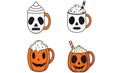 Fototapeta premium Cute Halloween Pumpkin and Skull Mugs – Spooky Festive Cup Illustration .