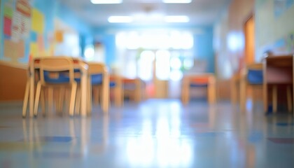The image shows a blurred view of an empty classroom with several small tables and chairs, suggesting a preschool or kindergarten setting.