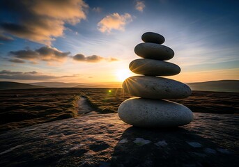 Achieve inner peace with stacked stones at sunset in a serene landscape
