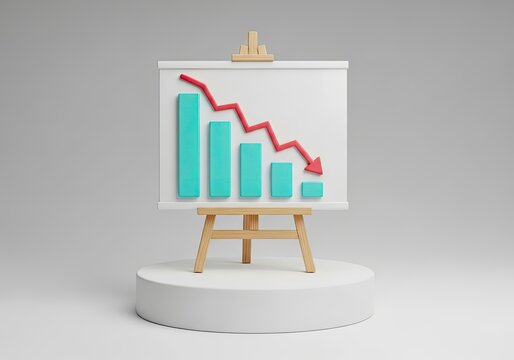 Chart on Presentation Board Showing Decreasing Turquoise Bars with Red Downtrend Line
