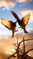Two birds in flight, silhouetted against a sunset sky.  A nest of twigs is visible below