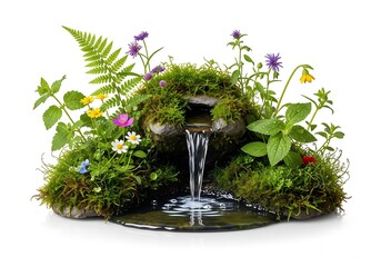 Enchanting miniature waterfall surrounded by wildflowers and lush moss