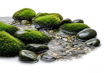 Zen garden stones and moss in crystal clear water for peaceful design