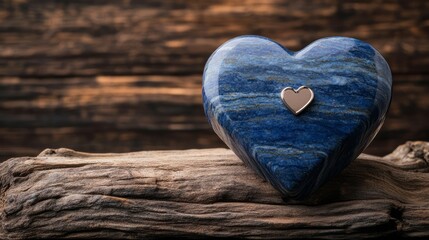Fototapeta premium Blue Heart-Shaped Stone on Wooden Surface with Shiny Small Heart Decoration for Home Decor