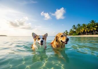 Corgi and golden retriever swimming joyfully in tropical turquoise water