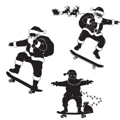 Cool Santa Claus Skateboarding Tricks Silhouette Vector Set