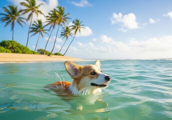 Adorable corgi swimming in crystal clear turquoise ocean water paradise
