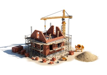 Construction site model showing building progress with heavy equipment