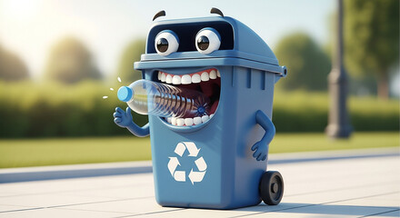 Funny recycle bin character devouring plastic bottle outdoors conveys eco-friendly message and waste management solutions for a sustainable planet today