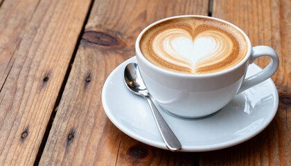 Obraz premium A latte with heart-shaped foam sits on a saucer with a spoon on wood. 