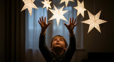 Child Reaching Up Toward Paper Stars Hanging From Ceiling Symbol Of Dreams And Hope