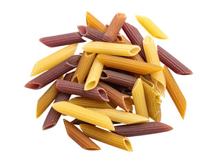 A pile of multi-colored penne pasta