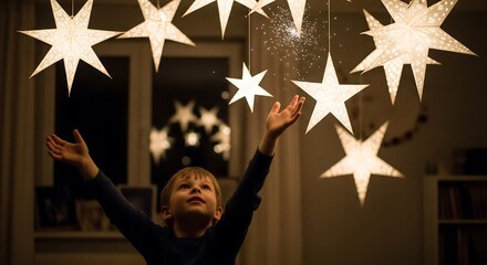 Aesthetic Photo Child Reaching Paper Stars Hanging Hope