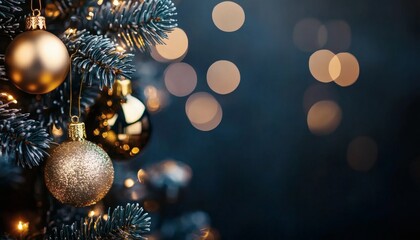 The image shows a close-up of a decorated Christmas tree with gold and black ornaments, and soft bokeh lights in the background.