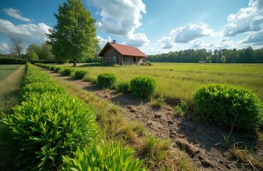 Obraz premium House on green summer farm landscape. Scenic view of nature with grass, trees, bushes and blue sky with clouds. Countryside cabin on green meadow. Rural scene, village architecture on farm