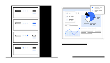 Server rack alongside analytics dashboard with charts, graphs, and system data. Ideal for data management, information technology, cloud computing, data security, analytics, tech solutions simple © robu_s