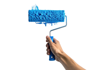 Paint roller in hand, dripping blue paint