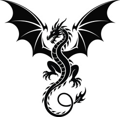 Detailed black dragon design with spread wings on transparent background silhouette