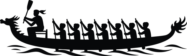 Detailed dragon boat with rowers in black silhouette on transparent background © RMvectors02