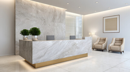 Elegant modern office lobby interior design with luxurious marble reception desk and empty waiting area. This professional and welcoming space features clean, contemporary furniture