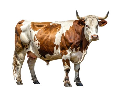 A brown and white cow in profile view