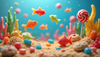 Colorful gummy fish swim in sweet candy ocean with blue backdrop. Various candies form whimsical underwater world with sugary coral, sandy seabed. Creative scene full of delicious food, playful