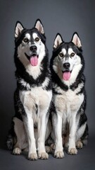 Two black and white Huskies sit side-by-side against a gray backdrop.  Smiling, tongues out