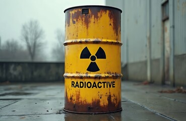 Yellow barrel stands on gray surface with radioactive sign. Drum is rusty and aged. It illustrates danger, hazard, caution, waste, risk, contamination from nuclear or toxic material pollution.
