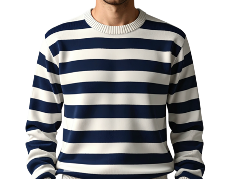 Man in navy and white striped sweater