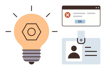 Light bulb symbolizing creativity, error window, and ID card representing innovation, verification, and problem-solving. Ideal for technology, security, identity, creativity data management error © robu_s