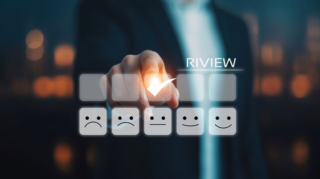 Confident businessman pressing digital review checkbox customer feedback interface rating selection glowing check mark user experience concept modern office background positive emotion technology