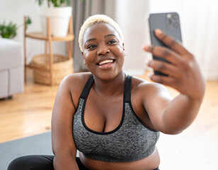 Happy woman exercising at home